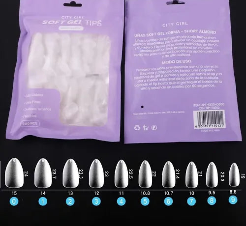 Tips Soft Gel Almendras Cortas 600 Unidades City Girls