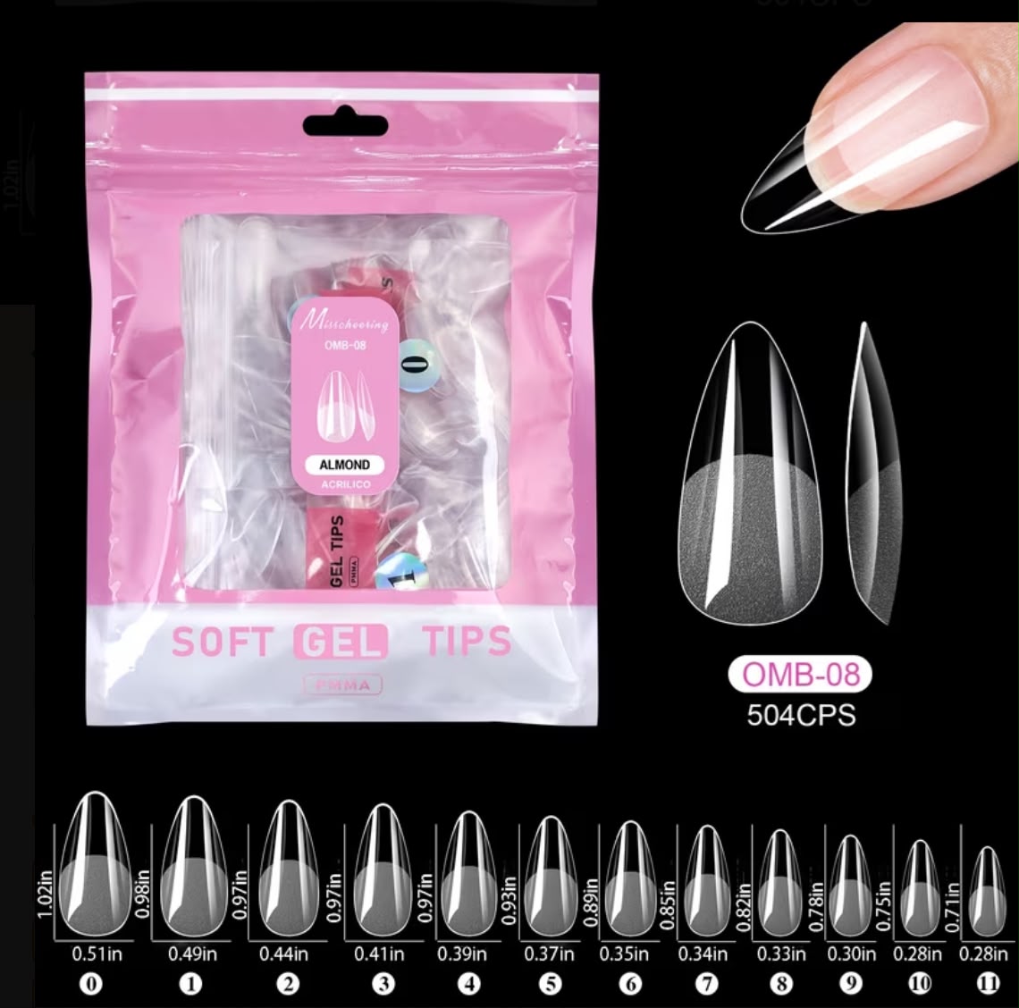 Tips Soft Gel Almendras 504 Unidades